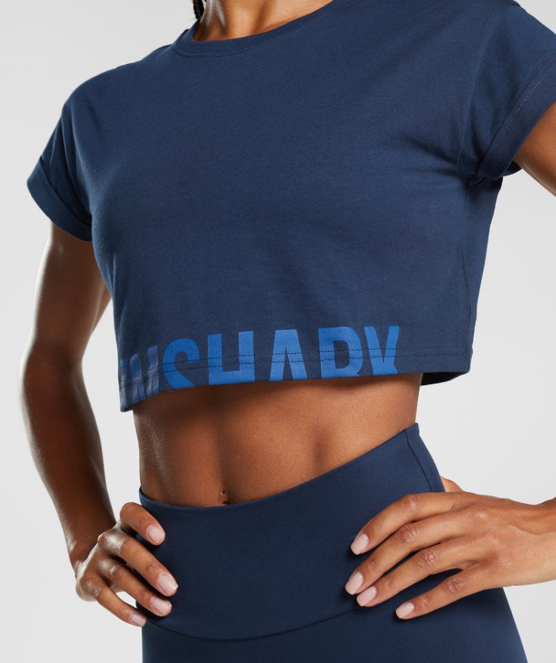 Women's Gymshark Fraction Cropped Tops Navy | CA D06758